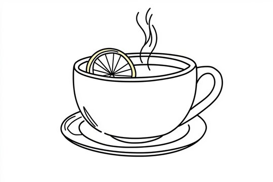 Simple outlined teacup with steam rising and a lemon slice on the rim.