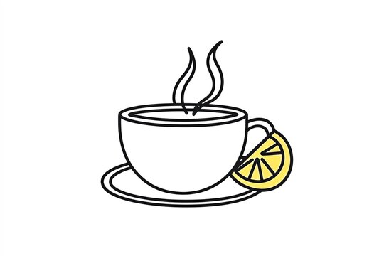 Simple outlined teacup with steam rising and a lemon slice on the rim.