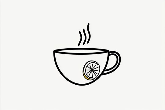 Simple outlined teacup with steam rising and a lemon slice on the rim.