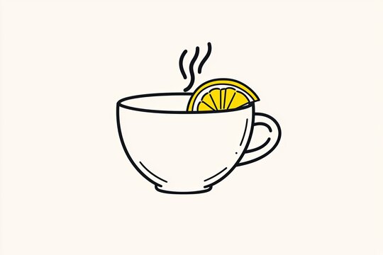 Simple outlined teacup with steam rising and a lemon slice on the rim.