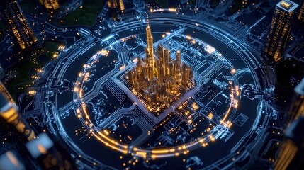 Poster - A captivating futuristic cityscape featuring a striking skyline intertwined with digital circuit elements. The bright lights and intricate design create a mesmerizing urban vision.