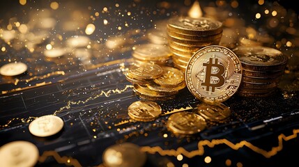 Poster - Golden cryptocurrency coins on dark background with trading chart and bokeh lights, financial market concept for digital currency investment.