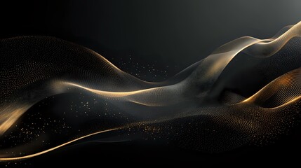 Poster - Elegant golden particle wave on dark background with glowing dots forming flowing curves and dynamic motion trails. Abstract luxury design element.
