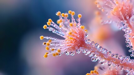 Poster - Microscopic view of virus structure with orange spherical proteins and crystalline formations in purple and blue tones, scientific visualization for medical research.