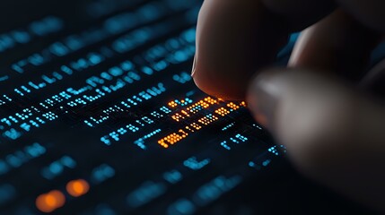Poster - Finger pointing at digital data on computer screen with glowing orange and blue numbers, binary code and financial market data in dark background.