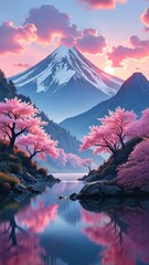 Poster - A mountain range with a pink and orange sunset in the background. The mountains are covered in snow and the trees are pink