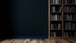 © Yuliia - Dark room interior with wooden bookshelf against navy blue wall and hardwood flooring, creating moody atmospheric space for study, reading or education setting.