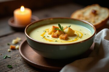 Wall Mural - Creamy Soup with Toasted Croutons, Garnished with Fresh Herbs, Served in a Rustic Bowl beside a Candle