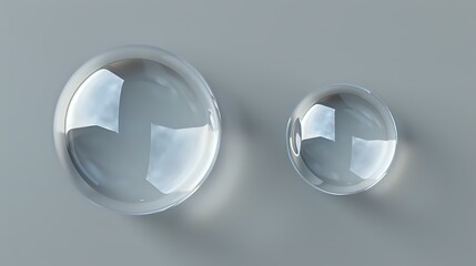 Poster - Transparent glass spheres casting soft shadows on gray background, realistic water drops or crystal balls with light reflections and refractions for luxury design.