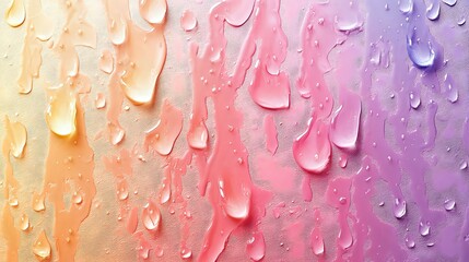 Poster - Colorful gradient background with water drops flowing down glass surface, creating fresh, modern aesthetic in orange, pink and purple tones.