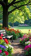 Aufkleber - A bench is in front of a tree with a path in front of it. The bench is empty