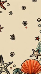 Poster - A beige background with a frame of stars and shells. The frame is orange and green. There are three shells and three stars