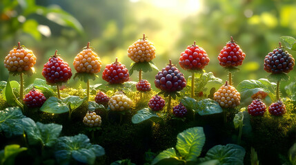 Wall Mural - Colorful Berries Growing On Mossy Plants In Sunlight