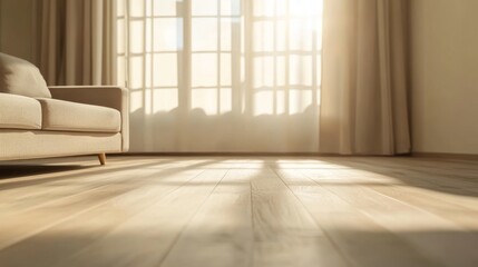 Wall Mural - Sunny living room, light streaming through window, beige sofa, wooden floor. Interior design concept, home staging