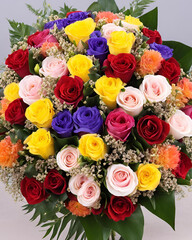 Wall Mural - multicolor floral bouquet, dazzling mixed flowers, vibrant bouquet arrangement, luxury fresh flowers, bright and cheerful blooms, rainbow floral bouquet, high-quality flower mix, elegant floral select