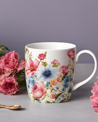 Wall Mural - floral coffee mug, coffee mug with flowers, flower pattern mug, ceramic floral mug, elegant coffee mug, vintage floral cup, tea mug with flowers, botanical coffee mug, colorful floral mug, coffee cup 