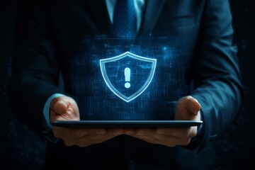Poster - Businessman Holding Tablet with Security Alert Shield Icon