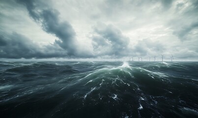 Poster - Offshore wind farm generating renewable energy near a coastal area, showcasing sustainable technology and environmental impact.