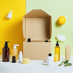 Aufkleber - Selection of natural skincare products arranged around a cardboard box on colorful background