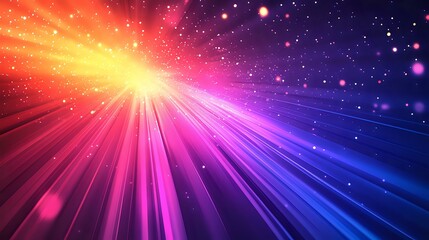 Poster - Vibrant light rays burst through cosmic space in rainbow colors from yellow to pink and purple, with glowing particles creating magical atmosphere.