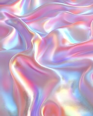 Poster - Holographic iridescent fabric with smooth flowing waves and folds in pastel pink, purple and blue colors creating ethereal metallic shine effect. Seamless pattern.