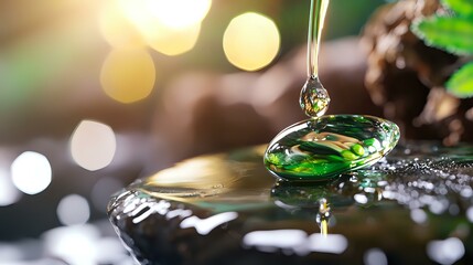 Poster - Macro shot of green liquid droplet falling with bokeh light effects in background, creating artistic water surface tension and reflection. For creative photography.