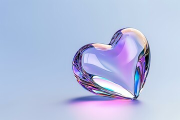 Poster - Iridescent glass heart with holographic rainbow effect reflects purple and blue hues against soft gradient background, creating romantic mood for valentines designs.