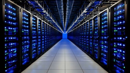 Poster - Modern server room corridor with rows of network equipment illuminated by blue LED lights, leading to vanishing point on clean white floor. Technology infrastructure.