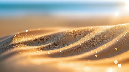 Poster - Glowing golden sand dunes with sparkling water drops in soft sunlight creating magical bokeh effect and dreamy waves pattern. Macro nature photography.