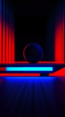 Poster - Mysterious sphere on illuminated platform with dramatic red and blue neon lighting creates futuristic atmosphere against dark background with vertical light bars.