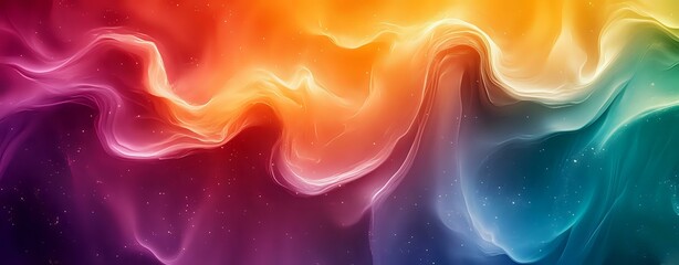 Poster - Vibrant aurora-like waves of light in rainbow colors against dark background, flowing energy streams creating dynamic abstract panoramic composition.