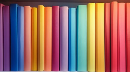 Poster - Colorful book spines arranged in rainbow order on bookshelf, creating vibrant spectrum pattern. Clean minimal composition shows organized row of hardcover books.