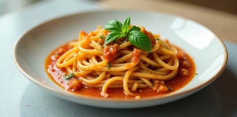 Wall Mural - Aromatic pasta dish with a rich tomato sauce and fresh basil garnish, served on a minimalist plate