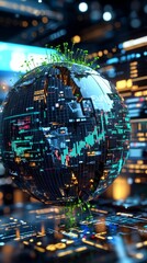 Aufkleber - Futuristic Globe with Growing Plants Digital Cityscape 3D Visual Technology Close-up Eco-Innovation