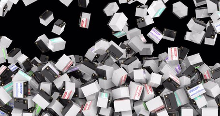 Poster - Car Batteries falling and fill the screen. 3D animation on transparent background