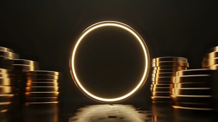 Poster - Glowing golden neon circle portal between stacks of coins on dark background with reflection, symbolizing financial growth and cryptocurrency concept.