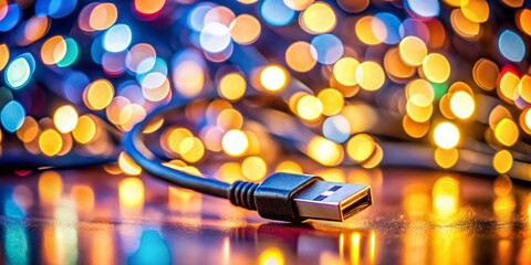 Poster - Bokeh Lights Blurred Background USB Cable Close Up