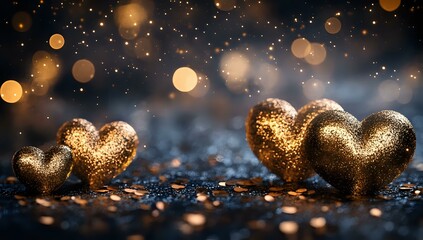 Poster - Golden glitter hearts on dark background with bokeh lights and sparkles. Romantic festive composition for Valentine's day, anniversary or wedding design.