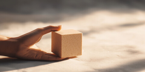Poster - Exploring the Subtle Elegance of Minimalist Design: A Hand Holding a Textured Cube Emphasizing Light and Shadow in Contemporary Lifestyle Aesthetics