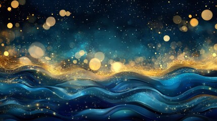 Abstract gold and blue wavy background with bokeh