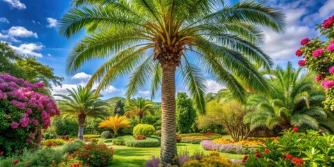 Wall Mural - Tall, slender palm tree with feathery leaves in a tropical garden, surrounded by vibrant flowers and lush greenery, flowers, nature photography