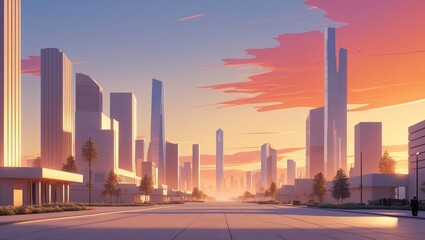 Poster - vibrant sunset transforms a futuristic skyline in an urban landscape with tall buildings and soft pa