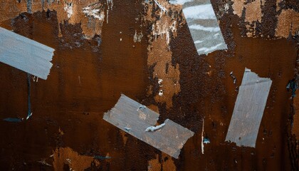 Wall Mural - decayed metal surface with rust, peeling paint, and remnants of old adhesive tape creating abstract geometric composition

