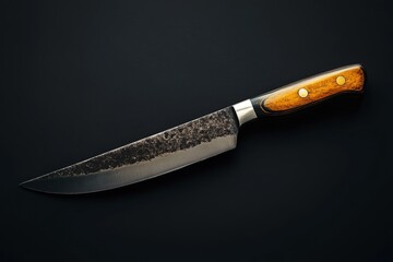 Handcrafted chef knife with textured blade and wooden handle resting on a black surface, ideal for culinary themes