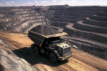 Poster - A large haul truck loaded with minerals navigates the terraced paths of a deep pit mine, showcasing the scale of mining operations. Large dump truck transporting coal in open pit mine