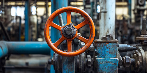 Poster - Industrial valve wheel in a factory setting