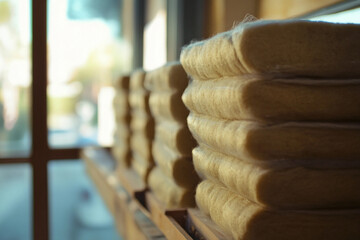 Aufkleber - Stacked bundles of fabric in a bright workshop