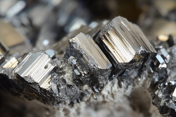 Aufkleber - Detailed view of shiny metallic mineral on rocky surface. neodymium mineral, rare earth metal