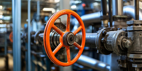 Aufkleber - Industrial orange valve in a manufacturing facility