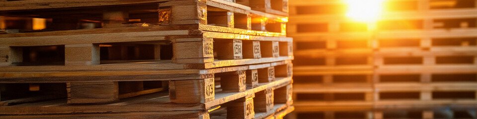 Aufkleber - Wooden pallets stacked under warm sunset light